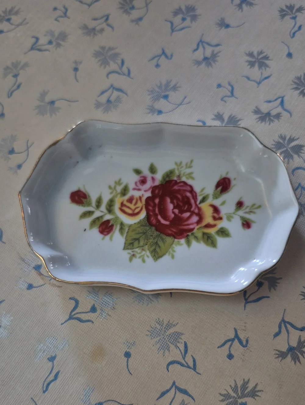 Floral Porcelain Trinket Dish with Gold Trim - Rose Motif